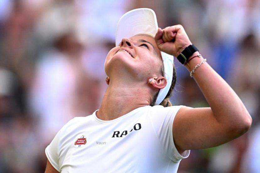 Czech Republic's Barbora Krejcikova reacts to beating Russia's Mirra Andreeva during their women's singles second round tennis match on the third day of the 2026 Wimbledon Championships at The All England Lawn Tennis and Croquet Club in Wimbledon, southwest London, on July 1, 2026.  Kirill KUDRYAVTSEV / AFP