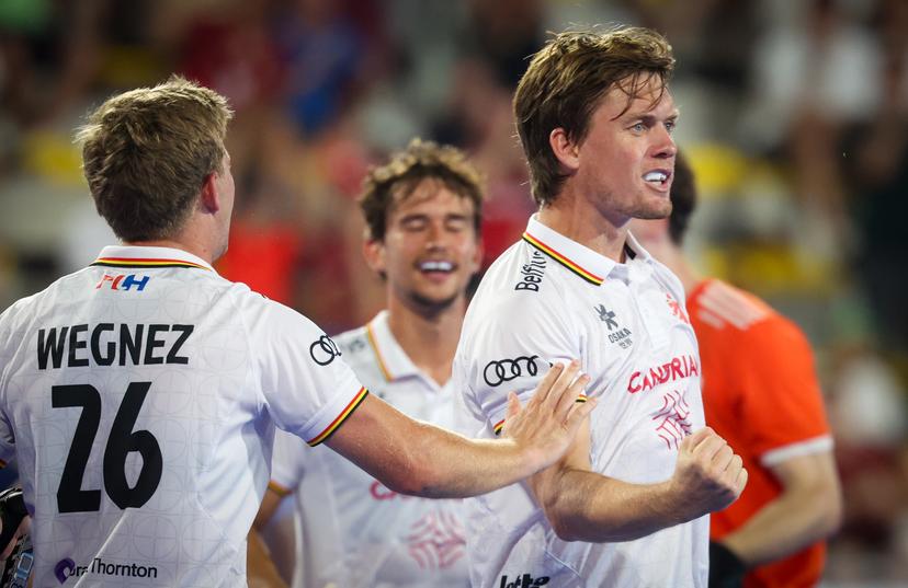 Belgium's Tom Boon celebrates after scoring during a hockey game between Belgian national team Red Lions and Netherlands, Wednesday 24 June 2026 in Wavre, match 13/16 in the group stage of the men's FIH Pro League competition. BELGA PHOTO VIRGINIE LEFOUR