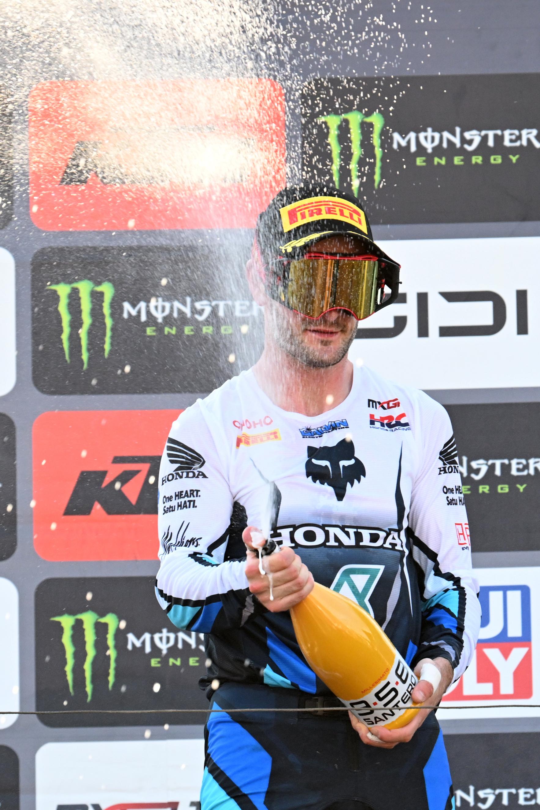 Dutch Jeffrey Herlings celebrates on the podium after the motocross MXGP Grand Prix Flanders, race 14/20 of the FIM Motocross World Championship, Sunday, August 2, 2026, in Lommel. BELGA PHOTO JILL DELSAUX