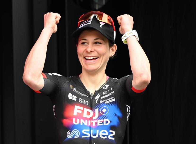 Swiss Elise Chabbey of FDJ SUEZ celebrates on the podium after winning the women elite 'Strade Bianche' one day cycling race, 133km from and to Siena, Italy, on Saturday 07 March 2026. BELGA PHOTO ELIAS ROM