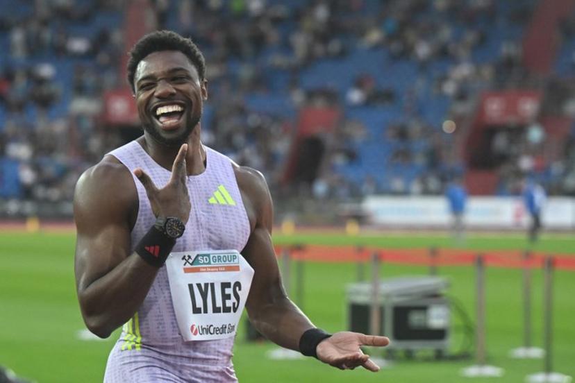 USA's Noah Lyles reacts after winning the Men's 150m race with a new world record at the 65th IAAF 2026 Golden Spike Athletics Meeting in Ostrava, Czech Republic on June 16, 2026.  Michal Cizek / AFP