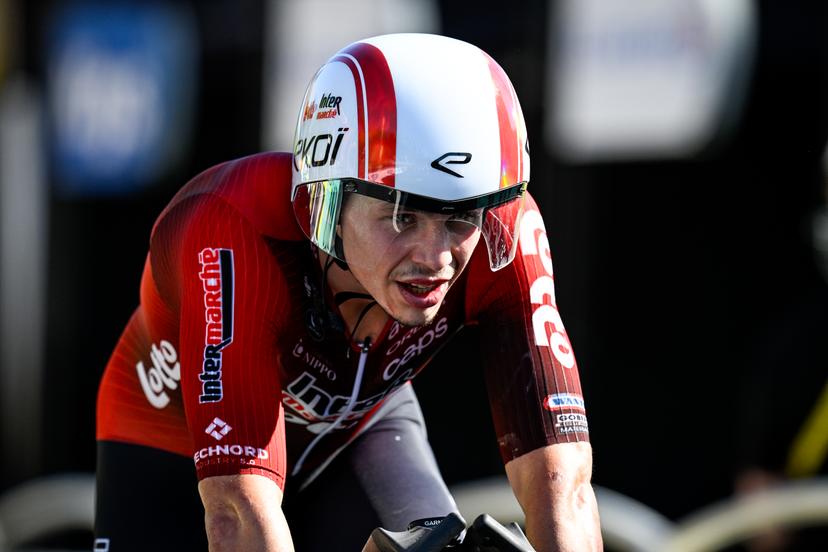 Belgian Arnaud De Lie of Lotto Intermarche crosses the finish line of the first stage of the 2026 Tour de France cycling race, a team time trial of 19km with start and finish in Barcelona, Spain, Saturday 04 July 2026. The 113th edition of the Tour de France starts on Saturday 4 July in Barcelona, Spain, and will finish in Paris, France on the 26th of July. BELGA PHOTO JASPER JACOBS
