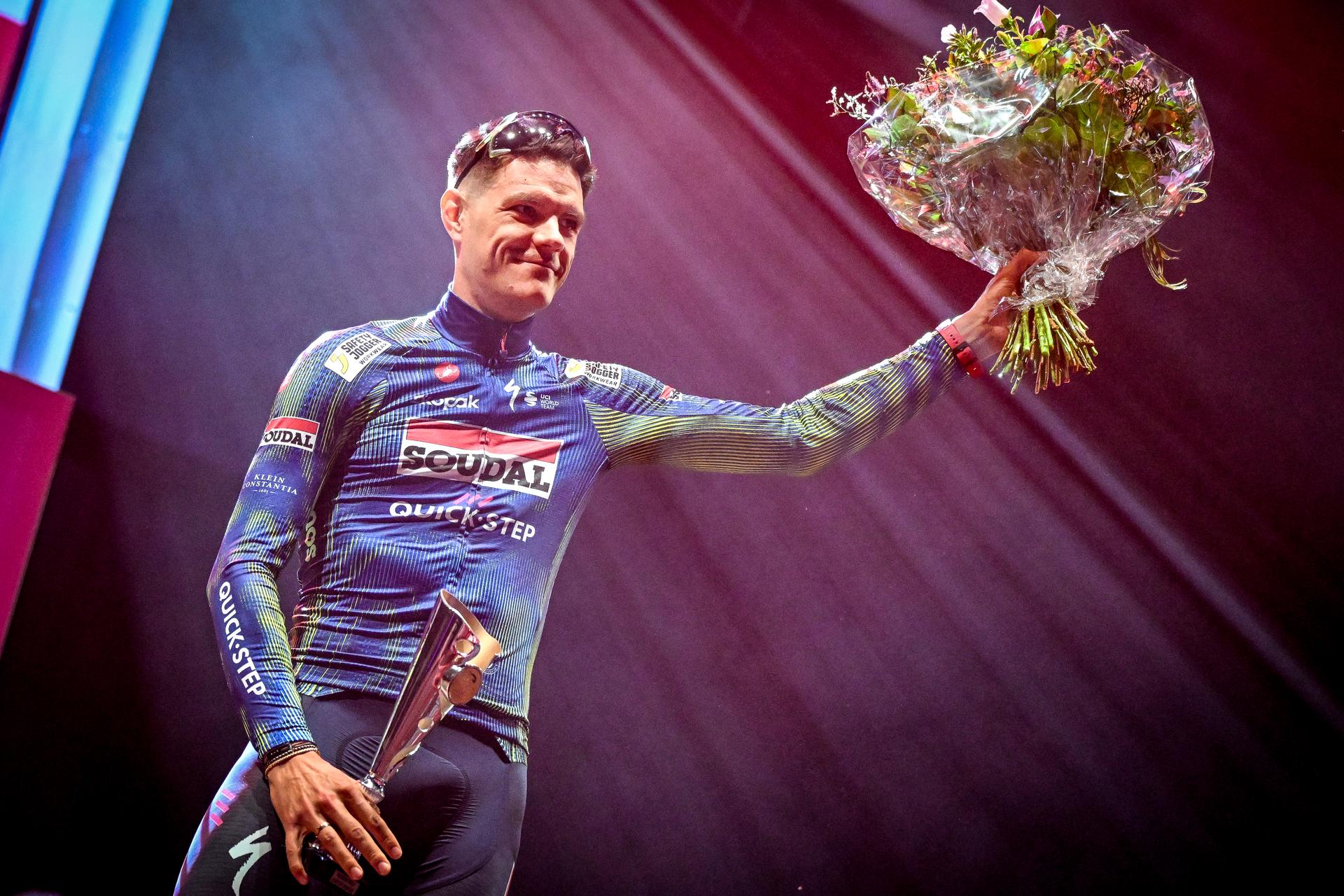 Belgian Jasper Stuyven of Soudal Quick-Step pictured on the podium after the 'Natourcriterium Herentals' cycling race, Thursday 30 July 2026 in Herentals. The contest is a part of the traditional 'criteriums', local races in which mainly cyclists who rode the Tour de France compete. BELGA PHOTO ELIAS ROM