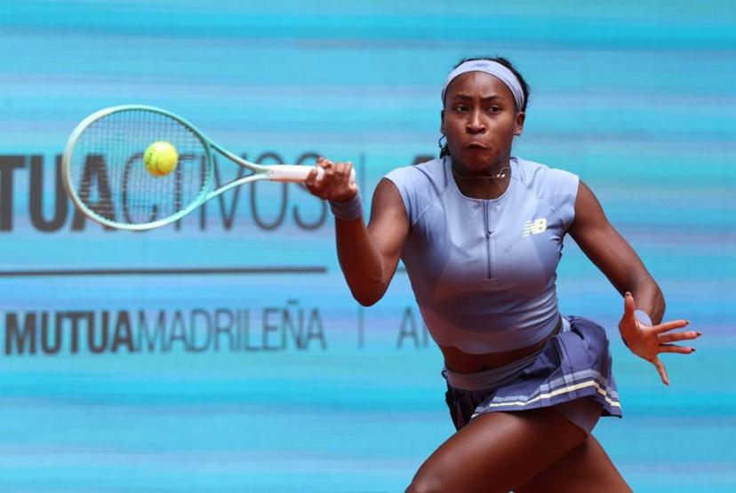 US Coco Gauff returns the ball to Russia's Mirra Andreeva during their 2025 WTA Tour Madrid Open tennis tournament quarter final singles match at the Caja Magica in Madrid, on April 30, 2025.  Pierre-Philippe MARCOU / AFP