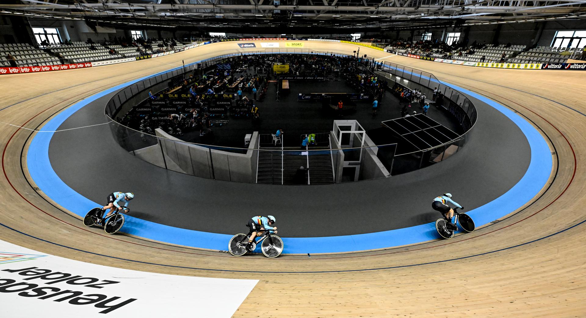 Belgian Mathijs Verhoeven, Belgian Runar De Schrijver and Belgian Lowie Nulens pictured during the men's Team Sprint qualifications at the 2025 UEC Track Elite European Championships, in Heusden-Zolder, Belgium, Wednesday 12 February 2025. The European Championships take place from 12 to 16 February. BELGA PHOTO DIRK WAEM