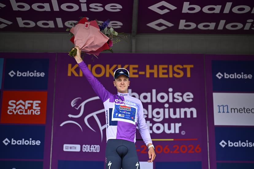 Belgian Tim Merlier of Soudal Quick-Step celebrates on the podium after winning stage 2 of the Baloise Belgium Tour cycling race, 197,6 km from Merelbeke-Melle to Knokke-Heist, Thursday 18 June 2026. The Baloise Belgium Tour takes place from 17 to 21 June. BELGA PHOTO JASPER JACOBS