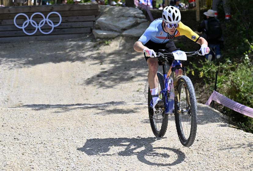 Belgian Jens Schuermans pictured in action during the men's cross-country mountain bike cycling race at the Paris 2024 Olympic Games, at the Colline d'Elancourt climb near Paris, France on Monday 29 July 2024. The Games of the XXXIII Olympiad are taking place in Paris from 26 July to 11 August. The Belgian delegation counts 165 athletes competing in 21 sports. BELGA PHOTO DIRK WAEM