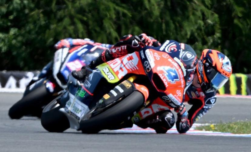 Team MT Helmets - MSi's Ivan Ortola races to win the Moto2 event prior to the MotoGP Grand Prix of Czechia in Brno, Czech Republic, on June 21, 2026.  Michal Cizek / AFP