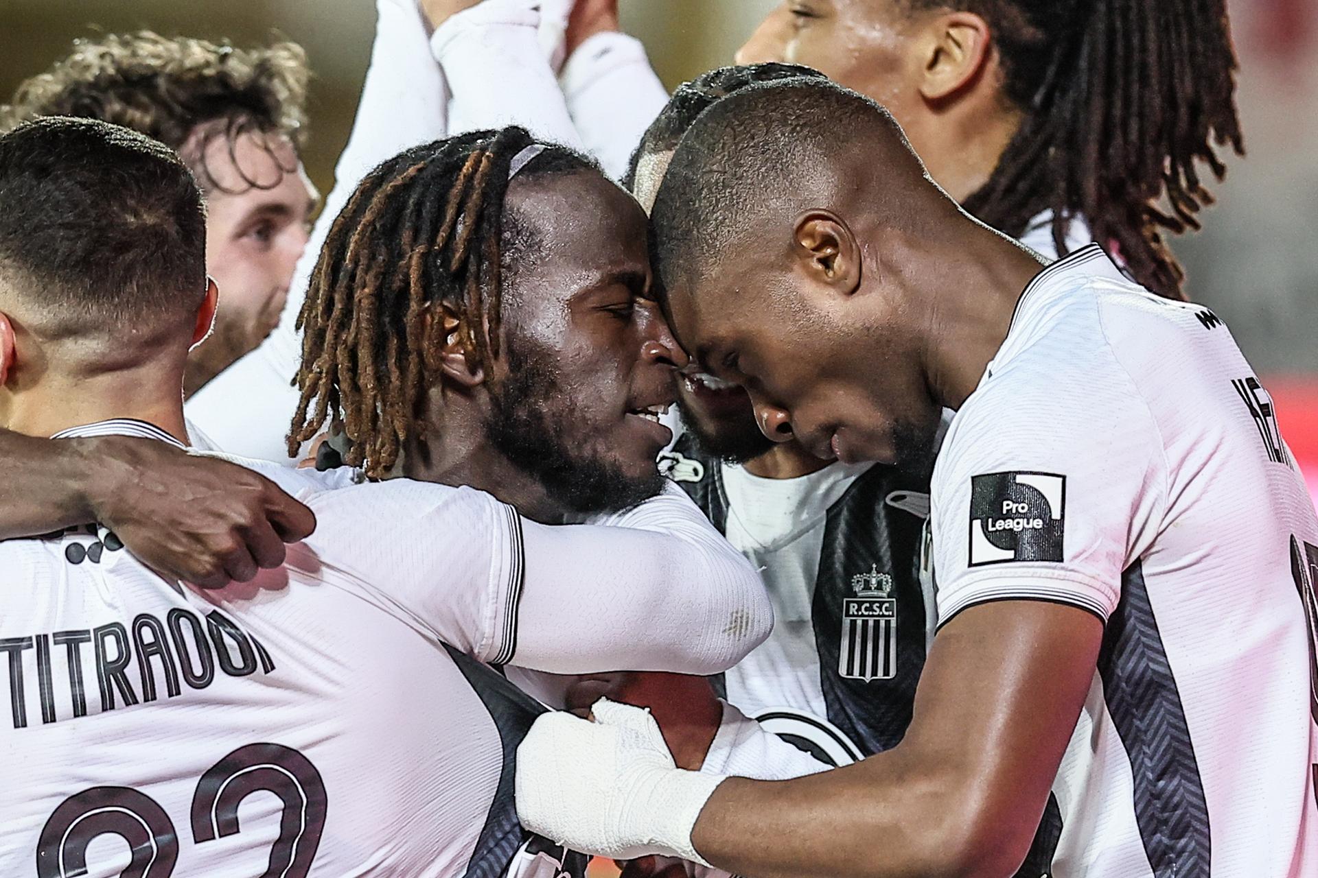 Charleroi's Parfait Guiagon celebrates after scoring during a soccer game between Sporting Charleroi vs Club Brugge, in the 1/4 final of the Croky Cup Belgian cup, Tuesday 13 January 2026 in Charleroi. BELGA PHOTO BRUNO FAHY