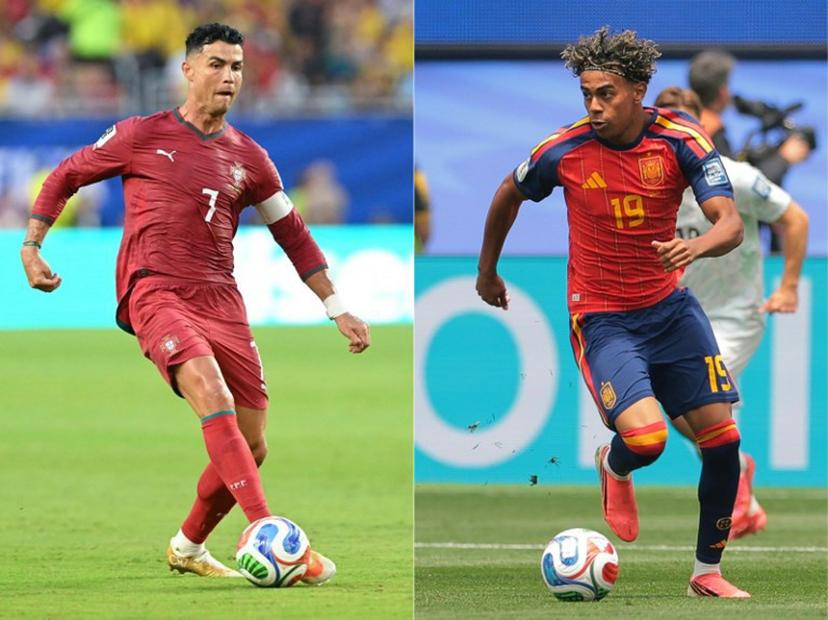 (COMBO) This combination of pictures created on July 04, 2026 shows Portugal's forward #07 Cristiano Ronaldo (L) in Miami Gardens on June 27, 2026 and Spain's forward #19 Lamine Yamal at the Los Angeles Stadium in Inglewood on July 2, 2026 during the 2026 World Cup football tournament.  Portugal will face Spain in the 2026 World Cup round of 16 match at Dallas Stadium in Dallas on July 6,2026.  ROBERTO SCHMIDT, Etienne LAURENT / AFP