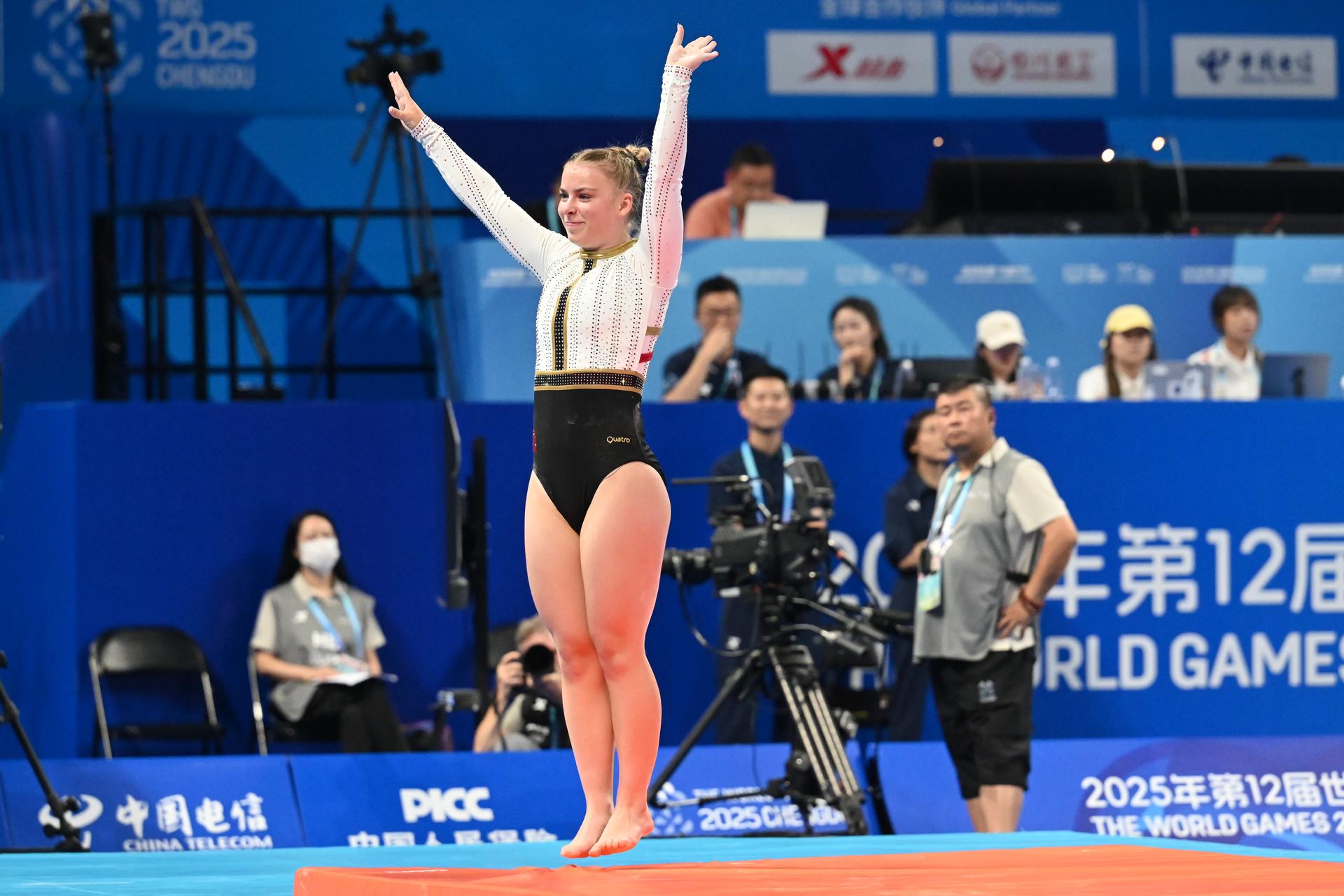 ATTENTION EDITORS - HANDOUT PICTURE - EDITORIAL USE ONLY - MANDATORY CREDIT BOIC - COIB   -  Lani Spiessens tumbling during the World Games 2025, in Chenghdu, China, on Saturday 9 August 2025. This year, the World Games take place from 07 to 17 augustus. PHOTO HANDOUT BOIC - COIB