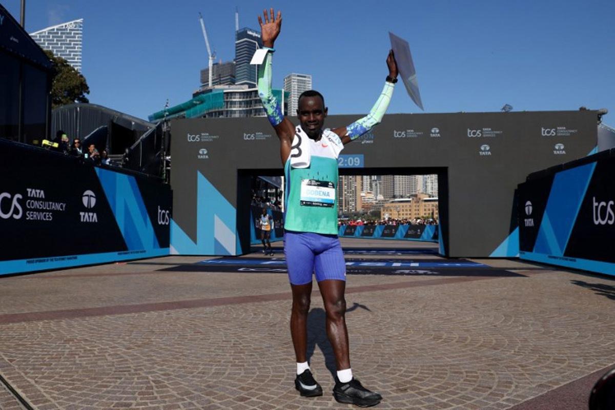 Ethiopia's Addisu Gobena reacts after crossing the finish line to win the 2026 Sydney Marathon in Sydney on August 30, 2026.   DAVID GRAY / AFP