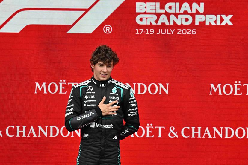 Mercedes Italian rider Kimi Antonelli celebrates on the podium after winning the Grand Prix F1 of Belgium race, in Spa-Francorchamps, Sunday 19 July 2026. The Spa-Francorchamps Formula One Grand Prix takes place this weekend, from July 17th to July 19th. BELGA PHOTO JONAS ROOSENS