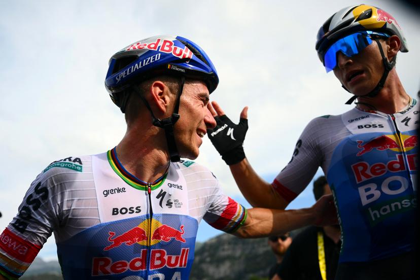 Belgian Remco Evenepoel of Red Bull-BORA-hansgrohe and German Florian Lipowitz of Red Bull-BORA-hansgrohe celebrate after winning stage 15 of the 2026 Tour de France cycling race, a stage of 184km from Champagnole to Plateau de Solaison, on Sunday 19 July 2026. The 113th edition of the Tour de France starts on Saturday 4 July in Barcelona, Spain, and will finish in Paris, France on the 26th of July. BELGA PHOTO POOL GREGORY VAN GANSEN