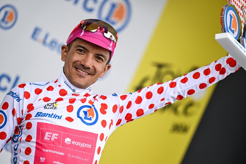 Ecuadorian Richard Carapaz of EF Education-EasyPost celebrates on the podium in the red polka-dot jersey for best climber after stage 20 of the 2026 Tour de France cycling race, a stage of 171km Le Bourg d'Oisans to Alpe d'Huez, on Saturday 25 July 2026. The 113th edition of the Tour de France starts on Saturday 4 July in Barcelona, Spain, and will finish in Paris, France on the 26th of July. BELGA PHOTO DAVID PINTENS