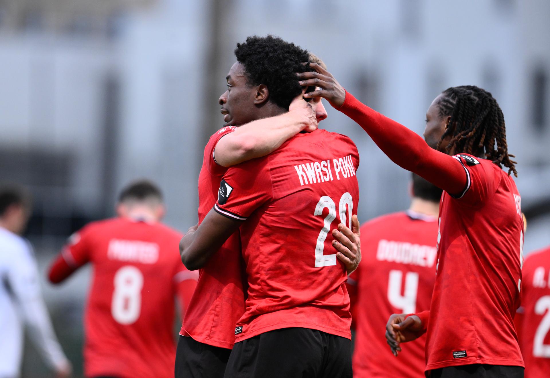 Rwdm's Kwasi Poku and celebrates after scoring during a soccer game between RWDM Brussels and KAS Eupen, Sunday 01 March 2026 in Brussels, on day 27 of the 2025-2026 'Challenger Pro League' 1B second division of the Belgian championship. BELGA PHOTO JOHN THYS