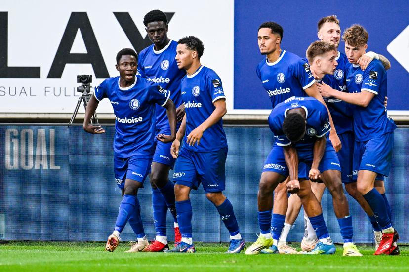 Gent's Tibe De Vlieger celebrates after scoring during a soccer match between KAA Gent and Racing Genk, Sunday 31 May 2026 in Gent, an European Play-off game of the 2025-2026 'Jupiler Pro League' first division of the Belgian championship. BELGA PHOTO TOM GOYVAERTS