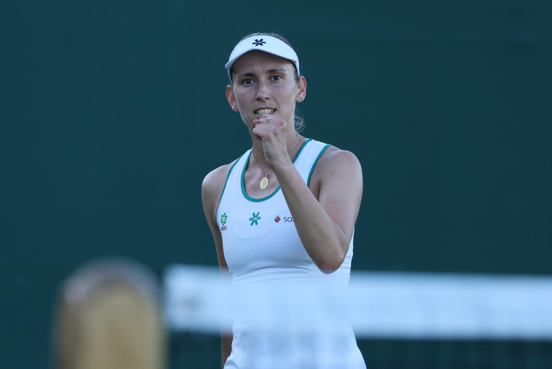 Belgian Elise Mertens reacts during a tennis match against Uzbek Timofeeva, in the second round of the ladies' singles at the Wimbledon grand slam tennis tournament in London, Britain, Thursday 02 July 2026.  BELGA PHOTO BENOIT DOPPAGNE