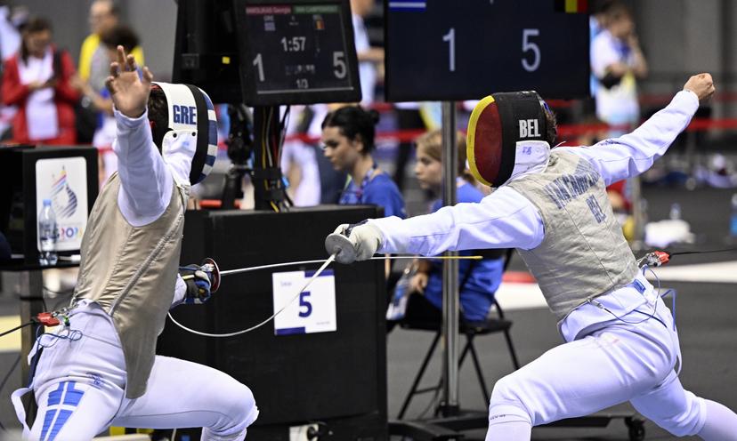 Fencing Athlete Stef Van Campenhout pictured in action during a fight in the men's foil competition, at the European Games in Krakow, Poland on Monday 26 June 2023. The 3rd European Games, informally known as Krakow-Malopolska 2023, is a scheduled international sporting event that will be held from 21 June to 02 July 2023 in Krakow and Malopolska, Poland. BELGA PHOTO LAURIE DIEFFEMBACQ