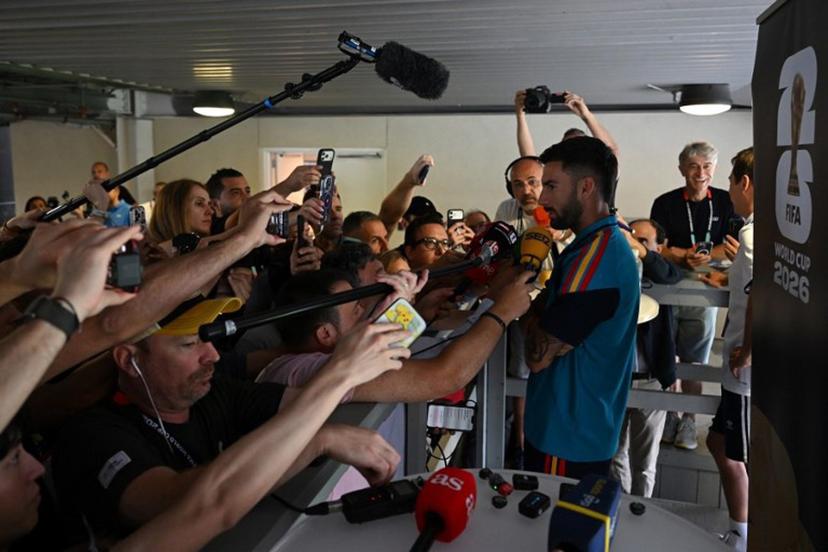 Spain's midfielder #15 Alex Baena gives an MD-1 press conference at the Dallas Stadium in Arlington on July 13, 2026, on the eve of the 2026 World Cup football tournament semi-final match between France and Spain.  MAURO PIMENTEL / AFP