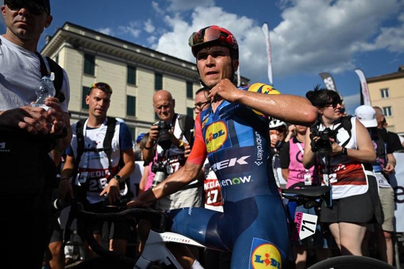 Italian rider Andrea Bagioli of team Lidl-Treck is pictured after crossing the finish line in third place in the first stage of the Men's Tour of Switzerland (Tour de Suisse) cycling race, in Sondrio, Italy, on June 17, 2026.  Marco BERTORELLO / AFP