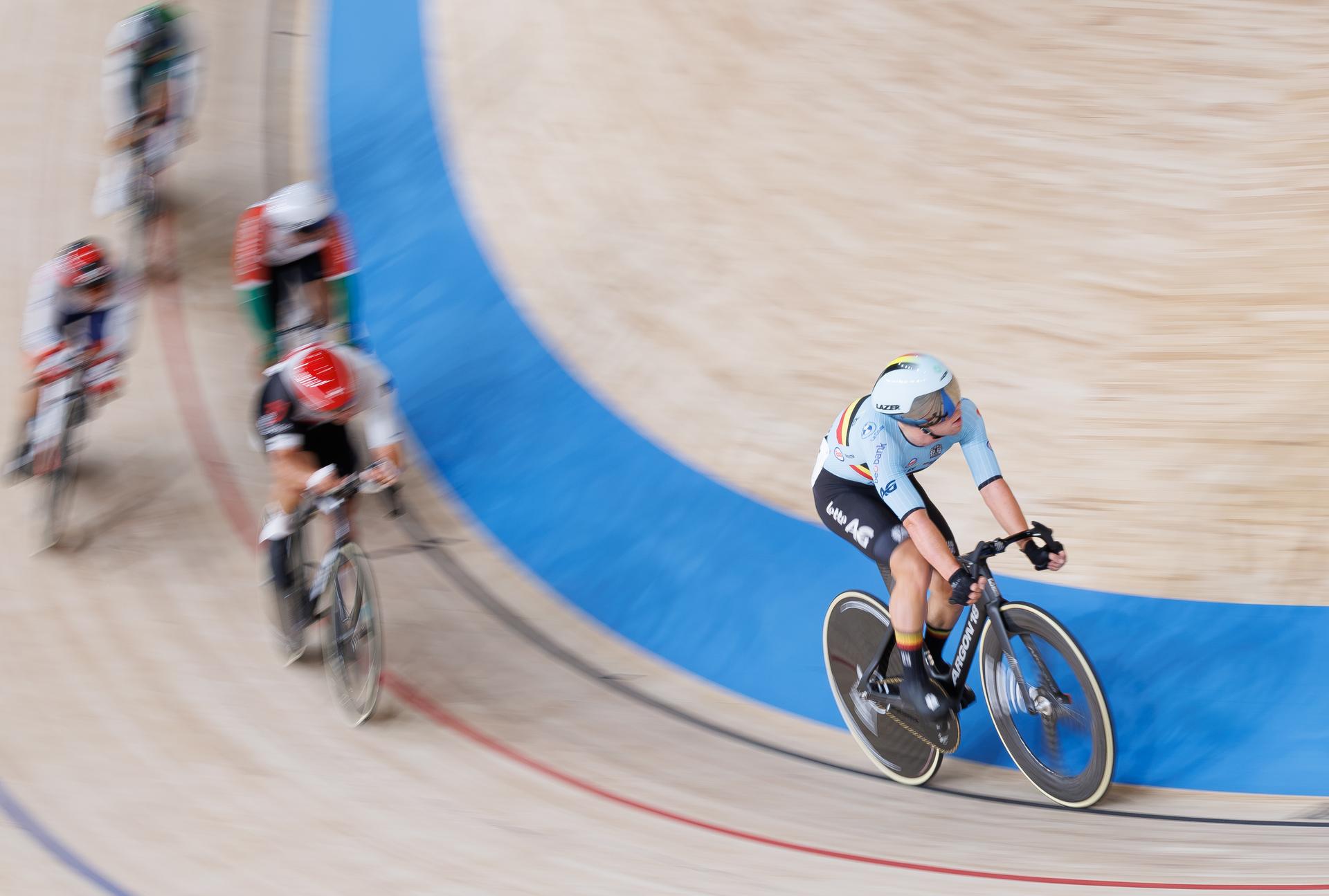 Belgian Fabio Van den Bossche rides on a bike during  the Men's omnium event at the UCI Track Cycling World Championships in Shanghai, China on Saturday 17 October 2026. The worlds are taking place from 14 to 18 October 2026. BELGA PHOTO BENOIT DOPPAGNE
