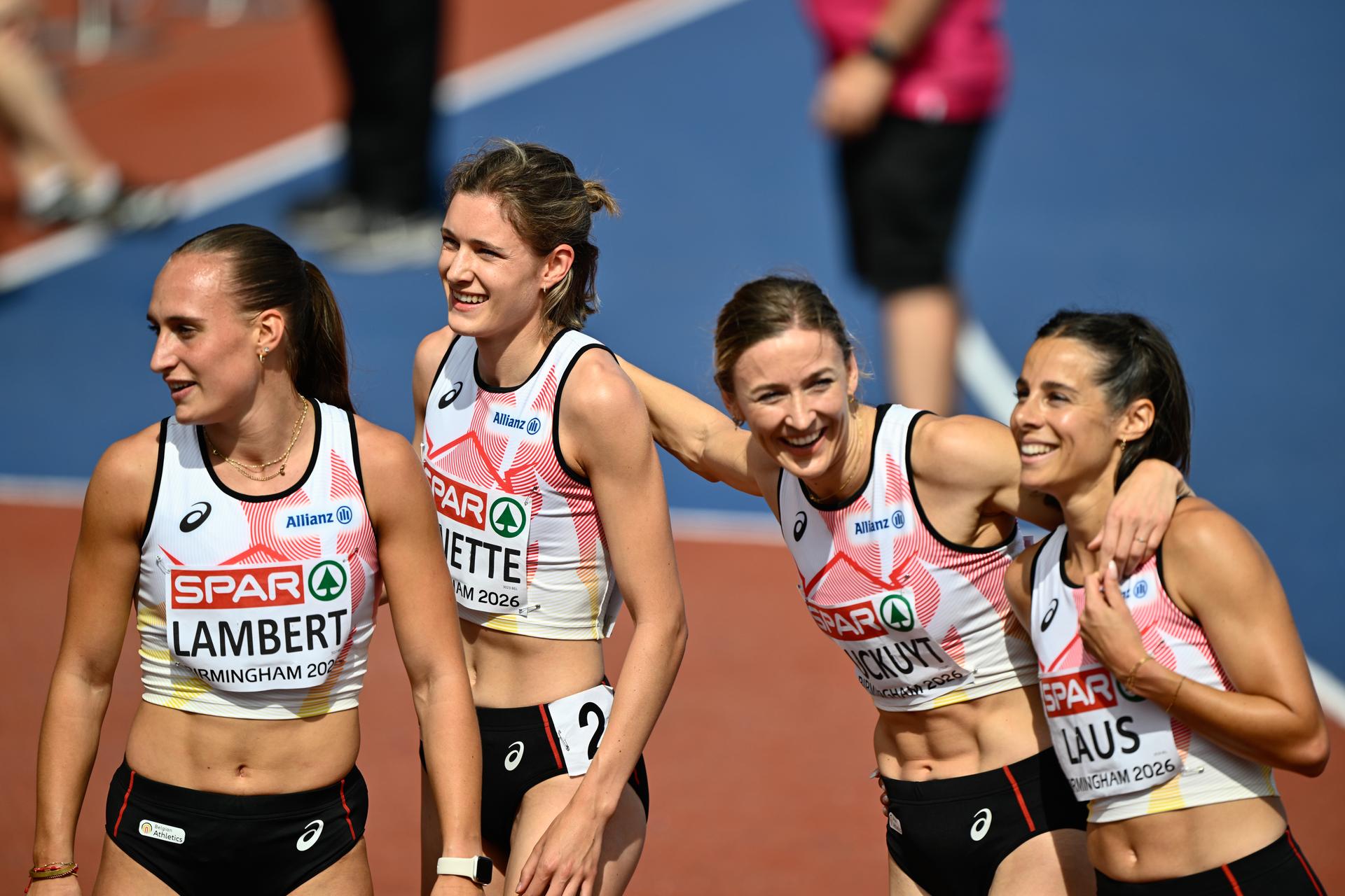 Belgian Kylie Lambert; Belgian Helena Ponette; Belgian Paulien Couckuyt and Belgian Camille Laus celebrate after the women's 4x400m relay on the fifth day of the European Athletics Championships (August 10-18) in Birmingham, United Kingdom, on Friday 14 August 2026. BELGA PHOTO ERIC LALMAND