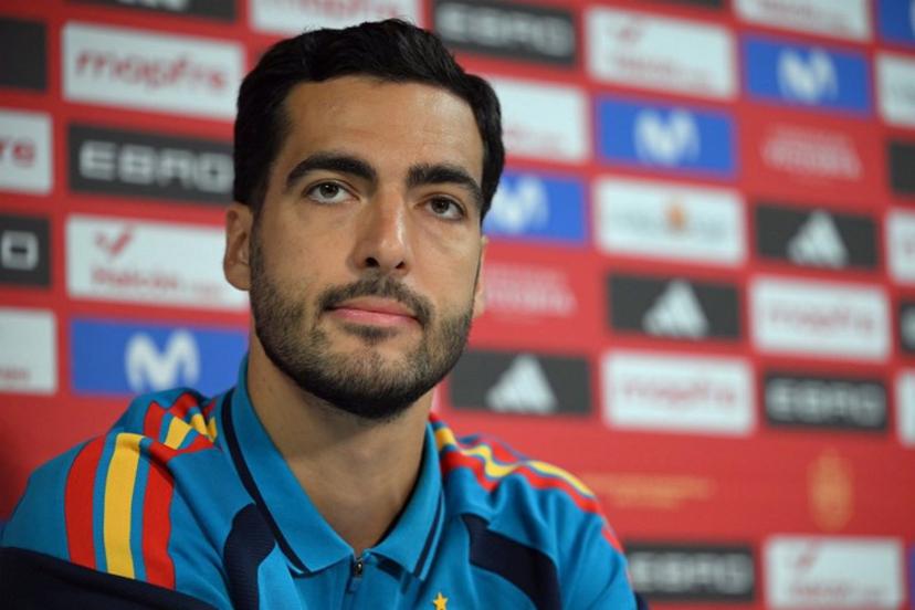 Spain's midfielder #06 Mikel Merino gives a press conference two days ahead of the 2026 World Cup football tournament final match at Melanie Lane Training Grounds in East Hanover on July 17, 2026.  MAURO PIMENTEL / AFP