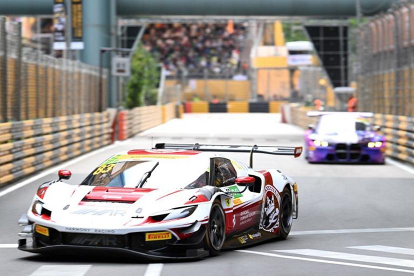 Harmony Racing Chinese driver Ye Yifei drives his Ferrari 296 GT3 in the first practice session of the FIA GT World Cup race during the 72nd Macau Grand Prix in Macau on November 13, 2025.  Peter PARKS / AFP