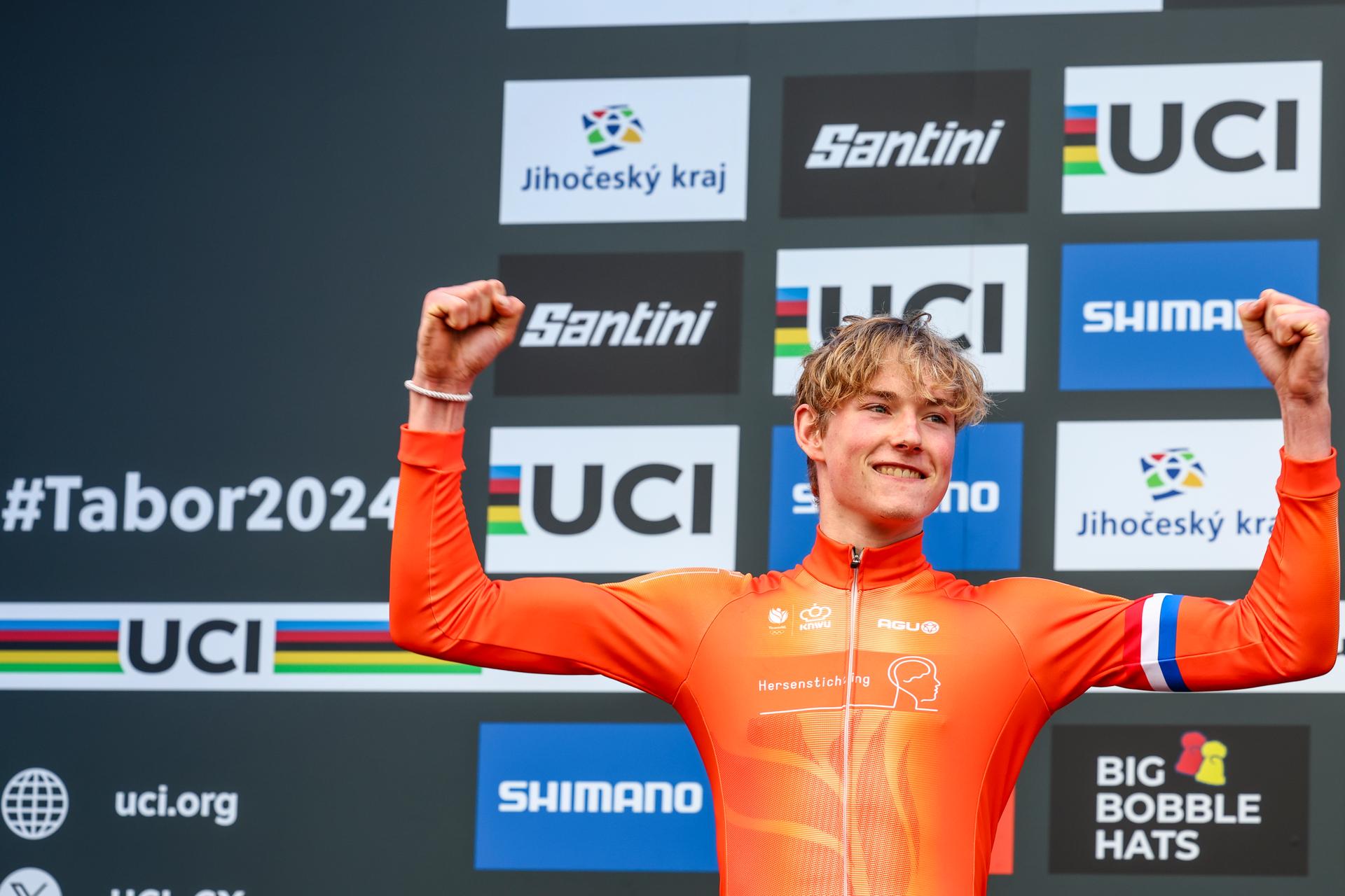 Dutch Keije Solen pictured on the podium after the men junior's race at the Cyclocross World Championships event on Sunday 04 February 2024 in Tabor, Czech Republic. BELGA PHOTO DAVID PINTENS