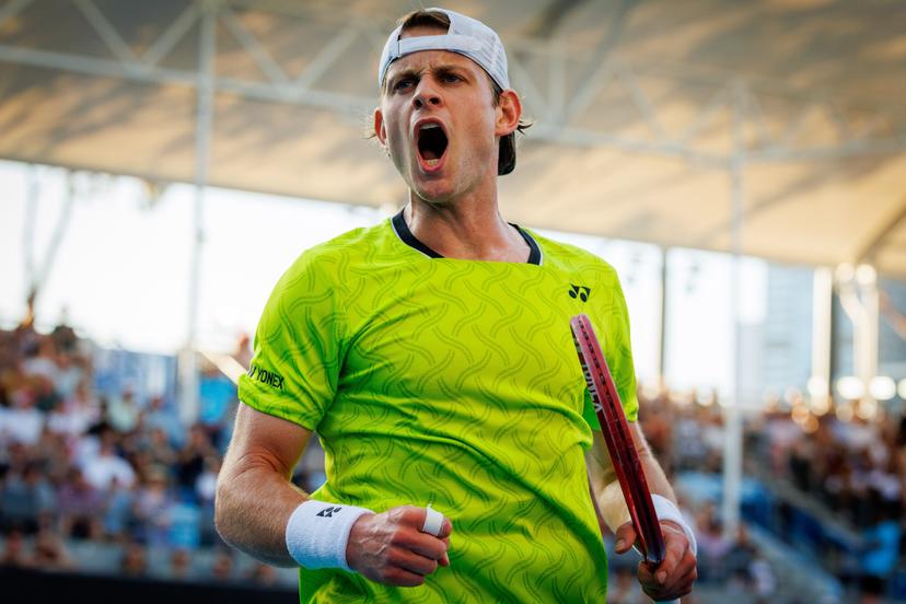 Belgium's Zizou Bergs (ATP 43) pictured in action during a first round match against Poland's Hurkacz (ATP 55) in the men singles at the Australian Open, Melbourne Park, Melbourne on Tuesday 20 January 2026.  BELGA PHOTO PATRICK HAMILTON  --- BENELUX ONLY   ---