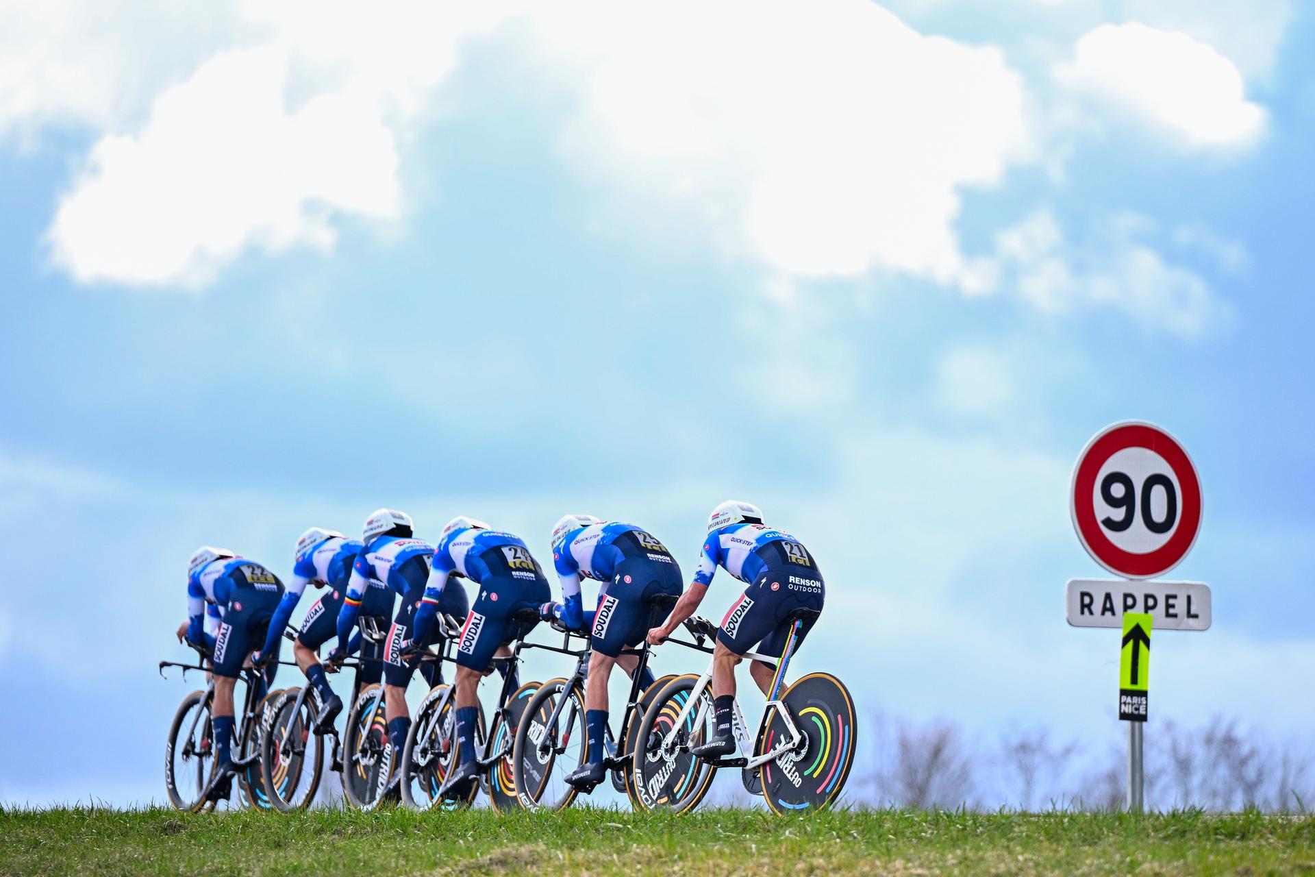 Soudal Quick-Step riders pictured in action during the third stage of the Paris-Nice eight days cycling stage race, a team time trial of 26,9km from and to Auxerre, France, Tuesday 05 March 2024. BELGA PHOTO JASPER JACOBS
