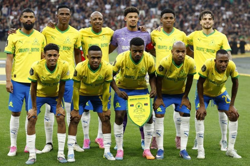 Mamelodi Sundowns' players pose for a group photo before the start of the CAF Champions League final football match between Mamelodi Sundowns and AS FAR at the Prince Moulay Abdellah Stadium in Rabat on May 24, 2026.  Abdel Majid BZIOUAT / AFP