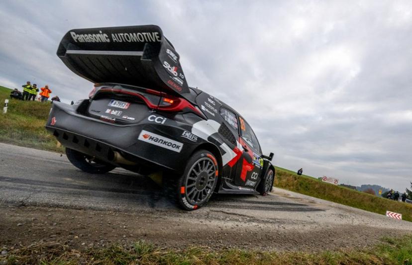 British driver Elfyn Evans and co-driver Scott Martin compete in their Toyota GR Yaris Rally1 car during day three of the FIA World Rally Championship WRC Central European Rally at the SS9 "Made in FRG" stage near Roehrnbach close to Passau, southern Germany on October 18, 2025.  Joe Klamar / AFP