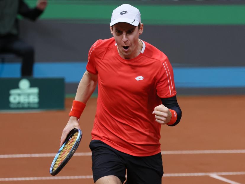 Belgian Joran Vliegen celebrates during a doubles tennis match between Bulgarian Donski/Nesterov and Belgian Gille/Vliegen, match 3 of the qualifier of the Davis Cup on Sunday 08 February 2026, in Plovdiv, Bulgaria. Belgium will compete this weekend in the Davis Cup qualifiers against Bulgaria. BELGA PHOTO BENOIT DOPPAGNE