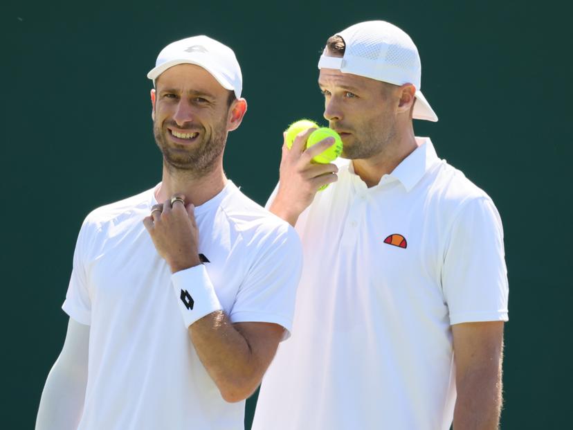 Belgian Sander Gille and Dutch Sem Verbeek pictured at a first round game between Indian-Brazilian pair Balaji-Demoliner and Belgian-Dutch pair Gille-Verbeek in the Men's doubles at the Wimbledon grand slam tennis tournament in London, Britain, Thursday 02 July 2026.  BELGA PHOTO BENOIT DOPPAGNE