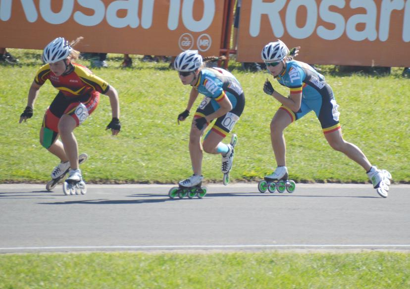 20141114 - ROSARIO, ARGENTINA: Handout picture shows Sanrine Tas (C) and Stien Vanhoutte (R) in action at the women's 500m sprint at the World Speed Championships in Rosaria, Argentina, Friday 14 November 2014. BELGA PHOTO HANDOUT