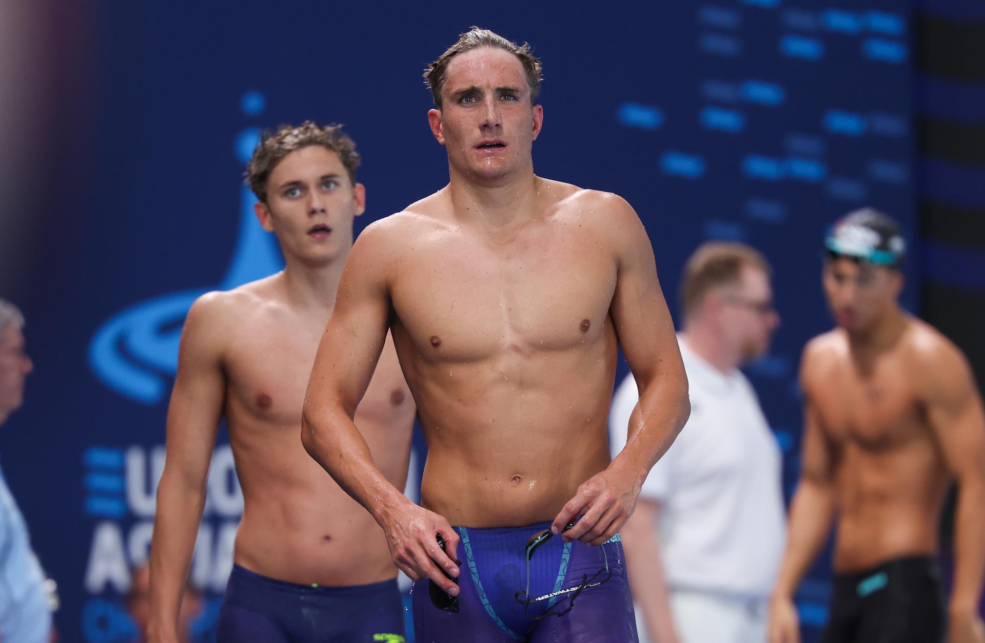Belgian athlete Lucas Henveaux pictured after the heats of the Men's 400 m freestyle race on the last day of  the European Aquatics Championships in Paris, France on Sunday 16 August 2026. BELGA PHOTO VIRGINIE LEFOUR
