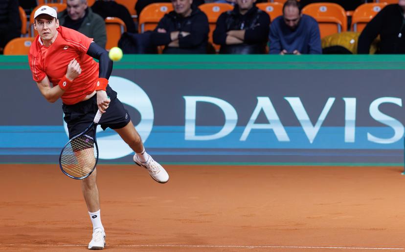 Belgian Joran Vliegen pictured in action during a doubles tennis match between Bulgarian Donski/Nesterov and Belgian Gille/Vliegen, match 3 of the qualifier of the Davis Cup on Sunday 08 February 2026, in Plovdiv, Bulgaria. Belgium will compete this weekend in the Davis Cup qualifiers against Bulgaria. BELGA PHOTO BENOIT DOPPAGNE