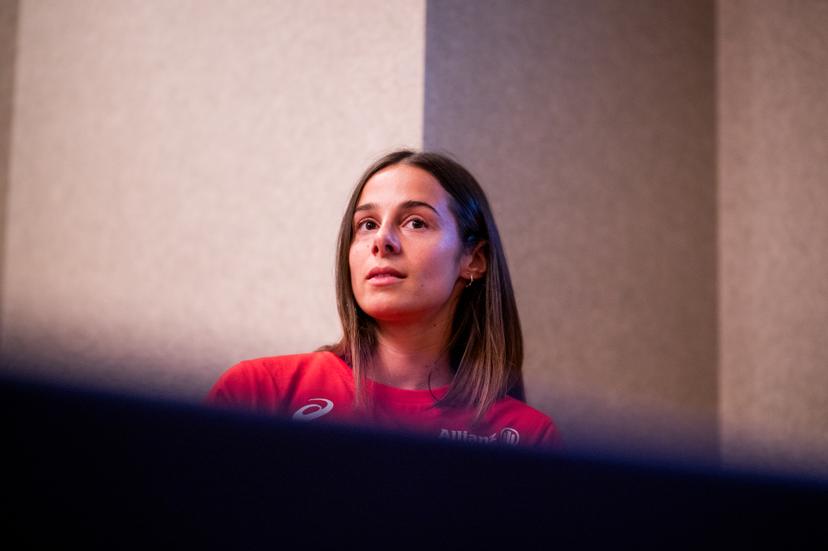 Belgian Camille Laus talks to the press during a press conference before the World Athletics Championships in Tokyo, Japan, on Thursday 11 September 2025. The outdoor Worlds are taking place from 13 to 21 September. BELGA PHOTO JASPER JACOBS