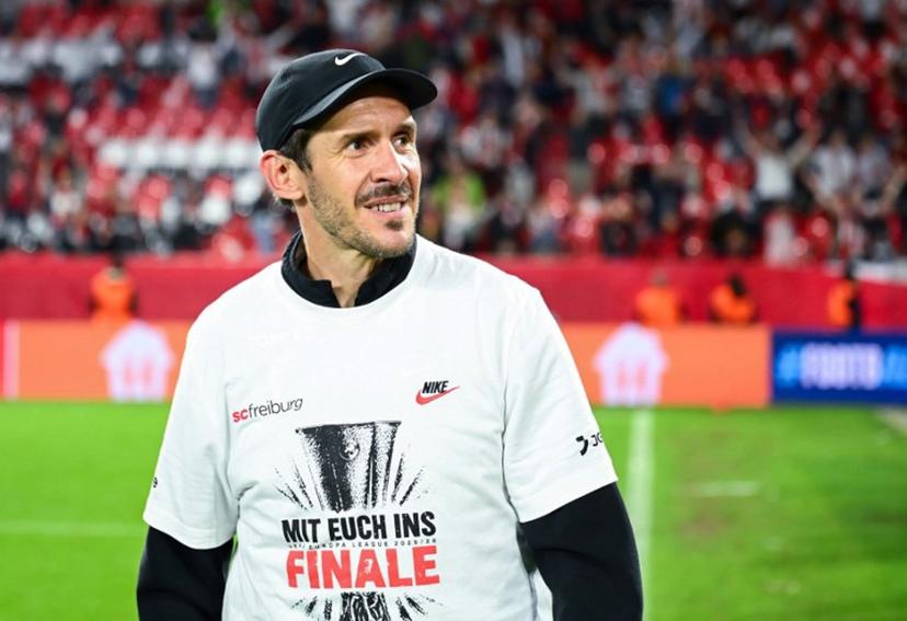 Freiburg's German head coach Julian Schuster celebrates after the UEFA Europa League semi-final second leg football match between SC Freiburg and SC Braga in Freiburg im Breisgau, southwestern Germany on May 7, 2026.  Silas STEIN / AFP