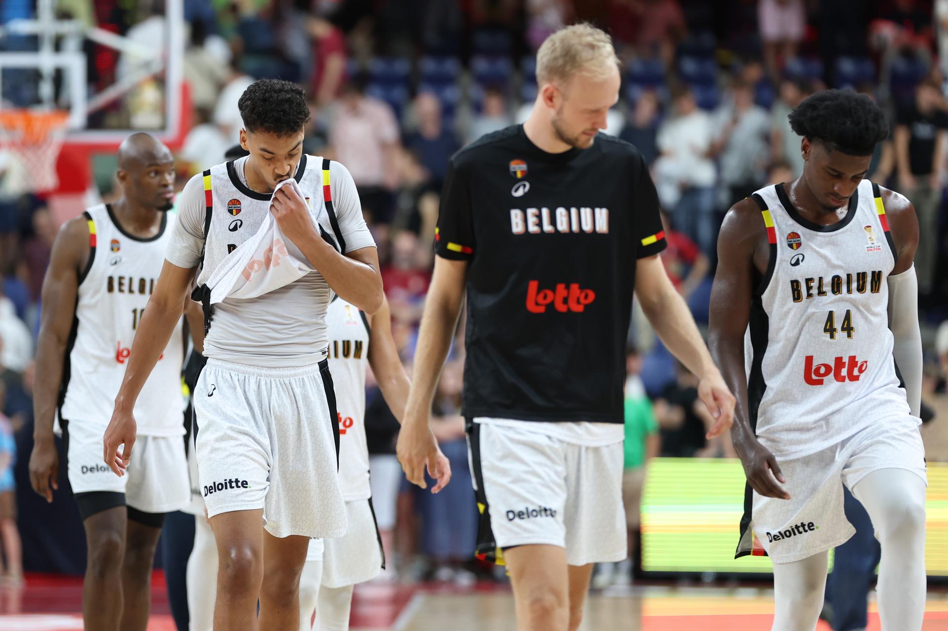 Belgium's Aubin Gataretse looks dejected after losing a basketball match between Belgian national team Belgian Lions and France, Friday 03 July 2026 in Antwerp, qualifier 5/6 for the men's 2027 FIBA World Championships. BELGA PHOTO VIRGINIE LEFOUR
