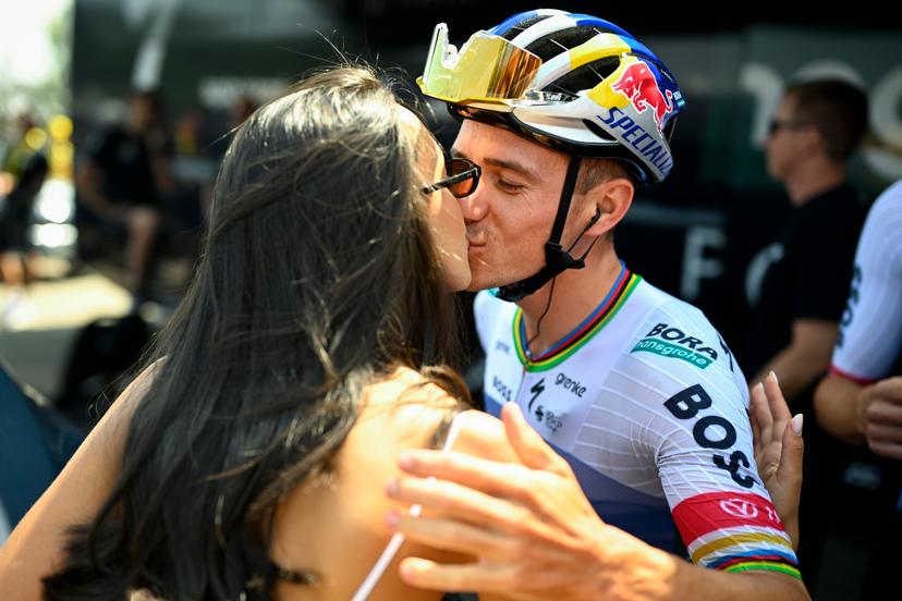 Belgian Remco Evenepoel and his wife Oumaima Oumi Rayane pictured at the start of stage 15 of the 2026 Tour de France cycling race, a stage of 184km from Champagnole to Plateau de Solaison, on Sunday 19 July 2026. The 113th edition of the Tour de France starts on Saturday 4 July in Barcelona, Spain, and will finish in Paris, France on the 26th of July. BELGA PHOTO JASPER JACOBS