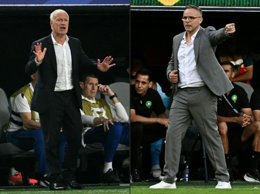 This combination of pictures created on July 07, 2026 shows France's head coach Didier Deschamps gesturing at the Philadelphia Stadium in Philadelphia on June 22, 2026, andMorocco's head coach Mohamed Ouahbi gesturing at the New York/New Jersey Stadium in East Rutherford on June 13, 2026. France and Morocco will meet in a 2026 World Cup quarter-final football match at Boston Stadium in Foxborough on July 9, 2026. Jewel SAMAD, MAURO PIMENTEL / AFP