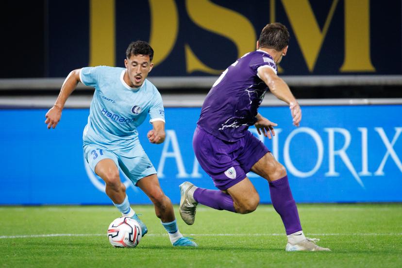 Gent's Abdelkahar Kadri and Cherkasy's Oleh Horin fight for the ball during a soccer game between Belgian KAA Gent and Ukrainian FC LNZ Cherkasy, Thursday 30 July 2026 in Gent, the return leg of the second qualifying round for the UEFA Conference League. The first leg ended in a 0-0 draw. BELGA PHOTO KURT DESPLENTER