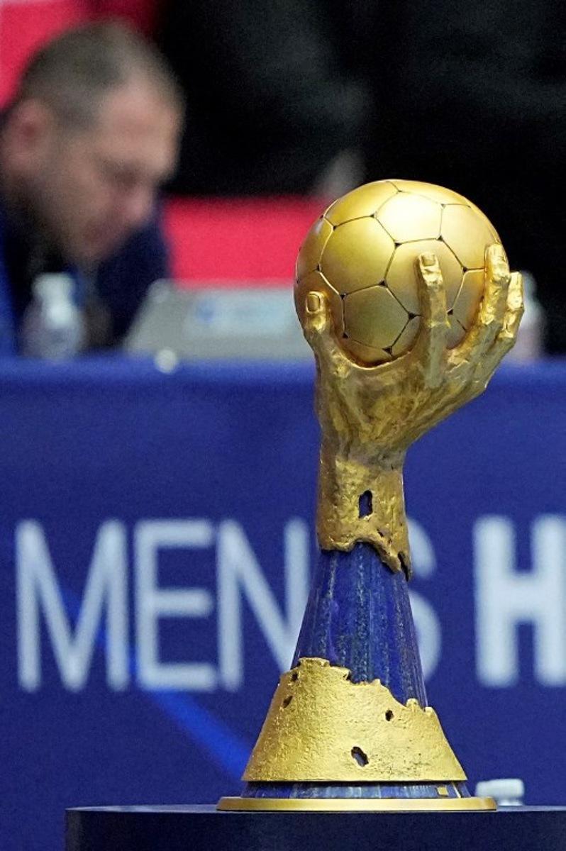 The IHF World Championship trophy is pictured prior to the Preliminary Round Group B match between Denmark and Algeria of the IHF Men's Handball World Championship in Herning, Denmark on January 14, 2025.  Bo Amstrup / Ritzau Scanpix / AFP