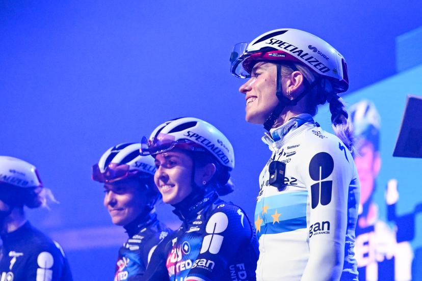 Dutch Demi Vollering of FDJ United-SUEZ pictured during the team presentation before the women's one-day cycling race Omloop Het Nieuwsblad (UCI World Tour), the opening race of the Flemish one-day classics season, 137,6 km from Gent to Ninove, Saturday 28 February 2026. BELGA PHOTO MAARTEN STRAETEMANS