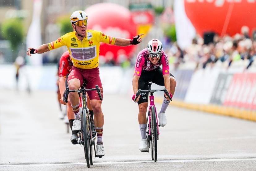 New Zealander Ben Oliver of Modern Adventure Pro Cycling celebrates as he crosses the finish line to win the fifth stage of the Tour De Wallonie cycling race, from Bassenge to Aubel (176,4 km), on Friday 05 June 2026. BELGA PHOTO DAVID PINTENS