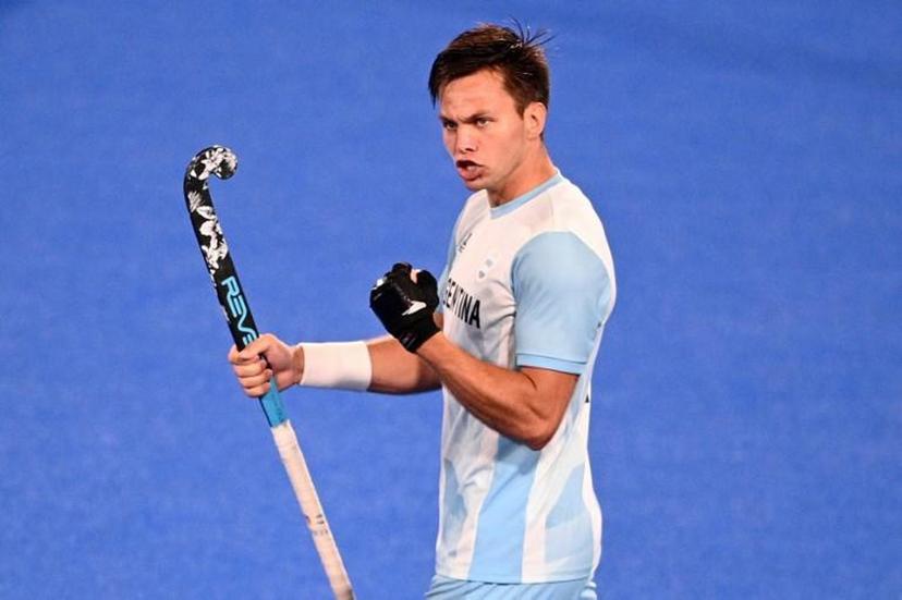 Argentina's Nicolas Santiago Keenan celebrates after scoring against New Zealand during their men's pool A match of the Tokyo 2020 Olympic Games field hockey competition, at the Oi Hockey Stadium in Tokyo on July 30, 2021.  MARTIN BUREAU / AFP