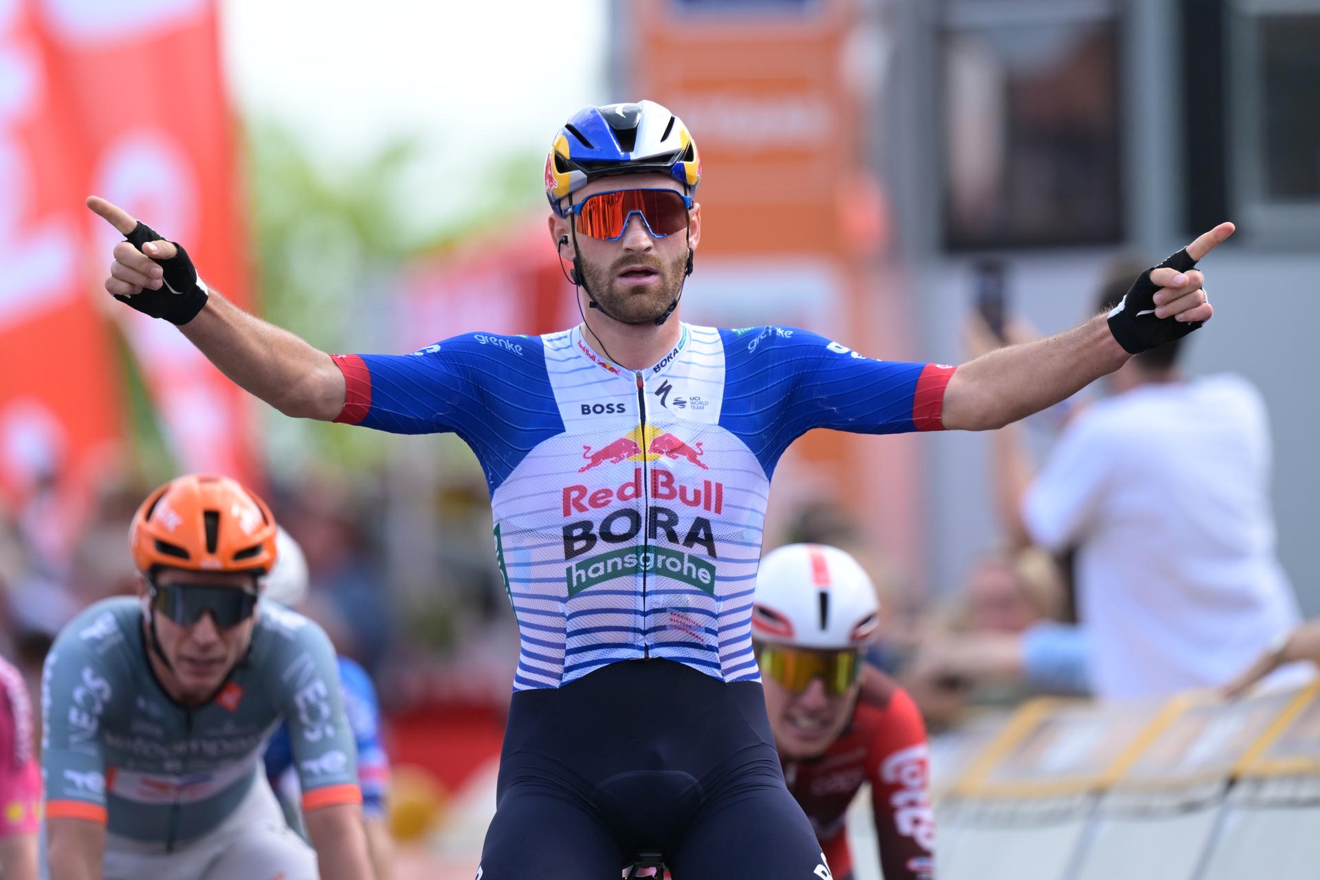 Red Bull-BORA-hansgrohe Belgian Jordi Meeus celebrates as he wins the first stage of the Tour De Wallonie cycling race, 180,7 km from Manage to Lobbes, on Monday 01 June 2026. BELGA PHOTO DAVID PINTENS